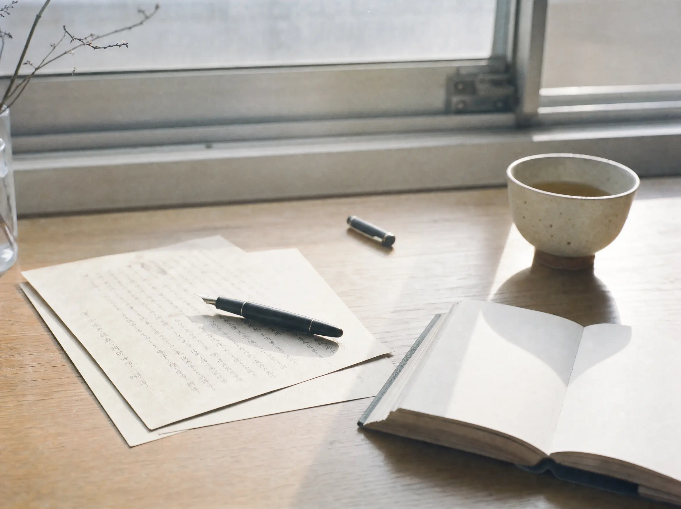 窗光書桌上的信紙鋼筆與茶杯
