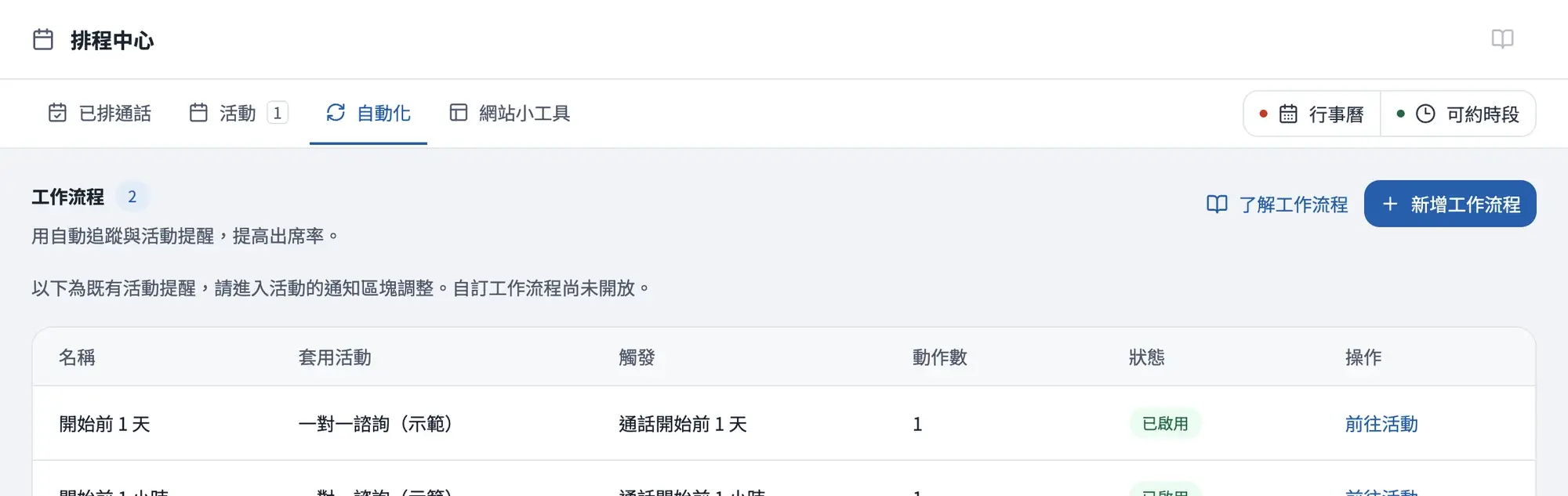 LaunBooking 自動化：通話開始前 1 天與 1 小時的提醒，狀態已啟用（示範資料）